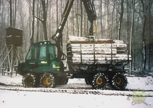 Timberjack-Forwarder beladen mit Holzstämmen im verschneiten Winterwald bei Schmiedeberg, 2002