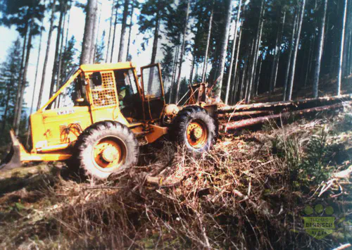Gelber LKT-Rückeschlepper beim Holztransport im steilen Waldgelände